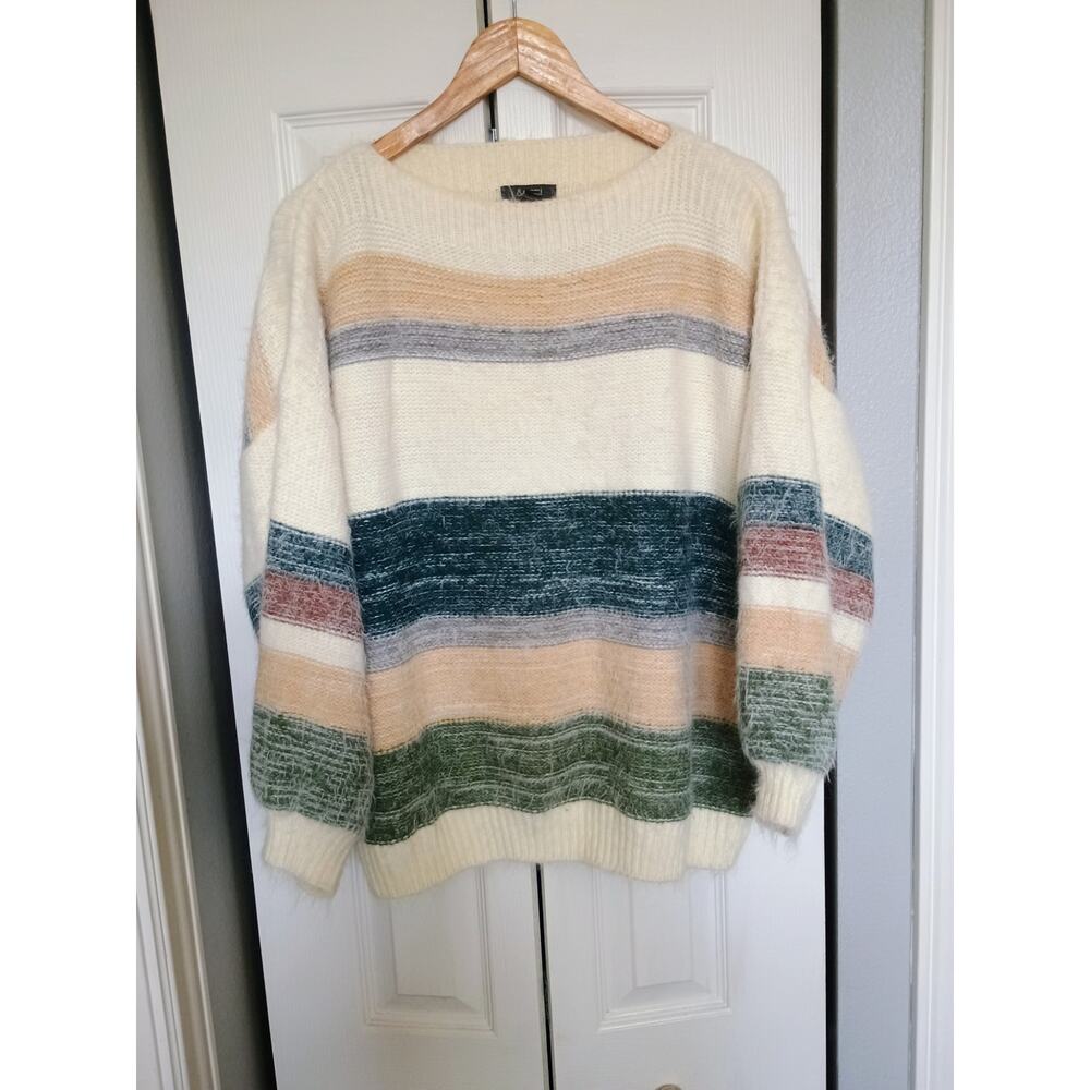 &merci Striped earthy neutral pastel Cozy EyelashKnit boatneck oversized sweater
